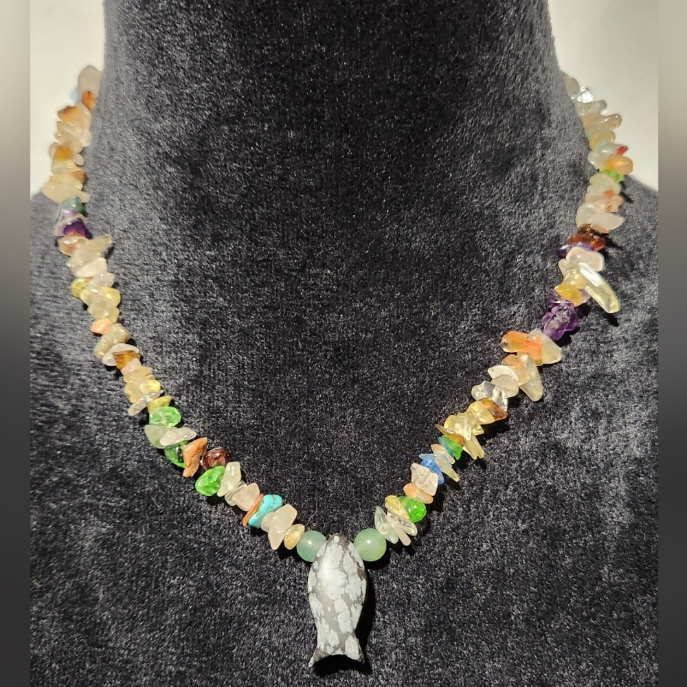 Vintage 18" Multi Gem Stone Snowflake Obsidian Fish Necklace